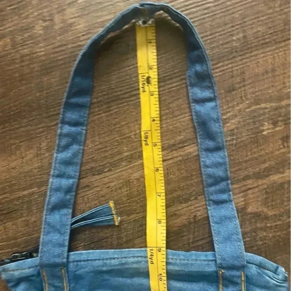 denim shoulder bag, jean tote bag artisan 70s style purse gold stitching boho - Picture 15 of 16